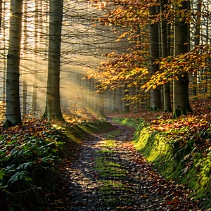 Nature Macro Photography: Path Through Autumn Woodland With Beautiful Forest