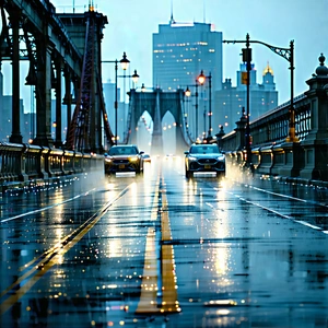 Urban Architectural Photography: Iconic Bridge With (rain:1.22)-slicked Streets With Captures Rainy