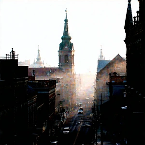 Urban Advertising Photography: Cityscape of historic city center during foggy morning