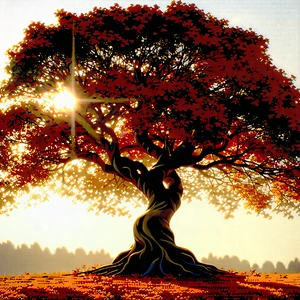 Nature Digital Illustration: Ancient Tree In Autumn Colors With Large Tree