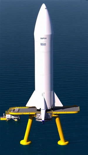 A Large White Rocket Ship Floating On Top Of A Yellow Platform In The Ocean