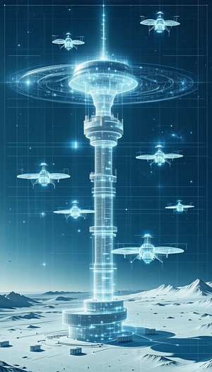 In This Futuristic Scene, A Towering Structure Is Surrounded By A Group Of Flying Saucers