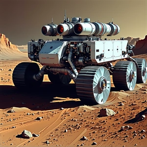A Large, Futuristic Vehicle Is Parked On A Rocky Surface, Possibly On Mars