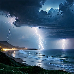 Nature 3d Render: Lightning Over Coastline With Captures Beautiful