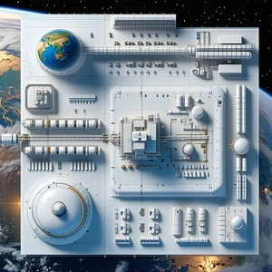 A Large, Detailed Drawing Of A Space Station Is Displayed On A Wall