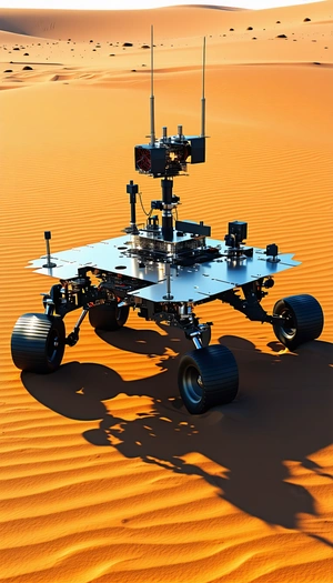 A Large Robotic Vehicle With A Metallic Appearance, Sitting On A Sandy Surface