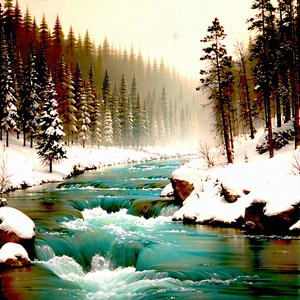 Nature Lithograph: Rushing (river:1.31) Surrounded By Snow-covered (trees:1.43) With Beautiful Snowy