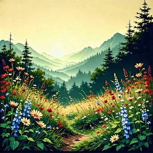 Nature Woodcut Print: Wildflowers In Natural Setting With Image, There