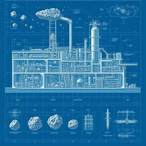 A Blue Drawing Of A Factory Is Displayed