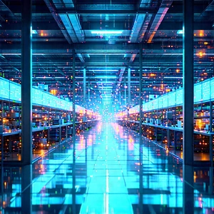 Financial Technology In Manufacturing Facility With Large, Blue-lit
