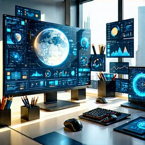 Futuristic Digital Workspace With Desk Computer