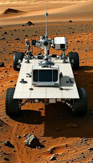 A White And Grey Vehicle Is Parked On A Red Dirt Surface