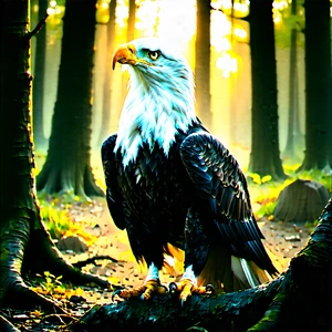 Nature Lithograph: Eagle In Forest Environment With Majestic Bald