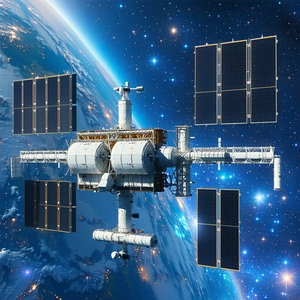 A Large Space Station With A Dome-shaped Structure, Floating In The Vastness Of Space