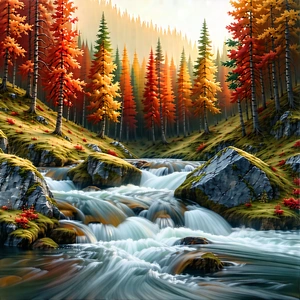 Nature Abstract Design: Mountain stream surrounded by autumn (trees:1.22)
