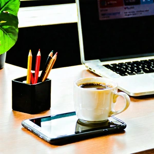 Business Macro Photography: Workplace With Laptop And Coffee On Desk With White Coffee