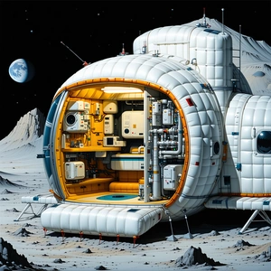 The Image Is A Futuristic Space Station With A Large White And Orange Dome