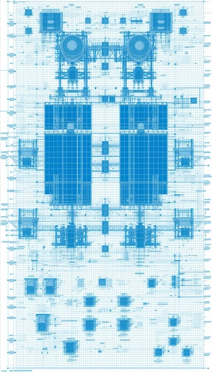 A Blue And White Drawing Of A Building Is Displayed