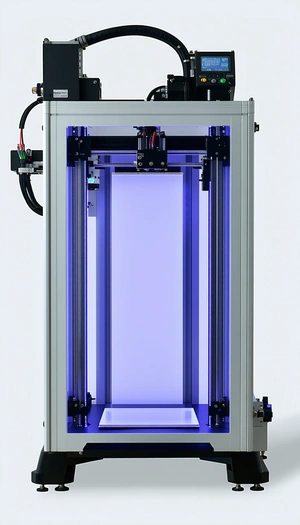A Large, Blue, And White Machine With A Clear Glass Door
