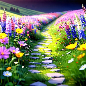 Nature Graphic Design: Path Through Flowering Meadow With Beautiful, Colorful