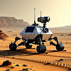 A Large Robotic Vehicle, Possibly A Rover, Sitting On A Sandy Surface