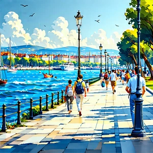 Urban Digital Illustration: Waterfront promenade with commuting