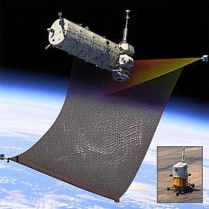 A Large Spacecraft Is Flying Through The Air, With A Large Umbrella-like Structure Attached To It