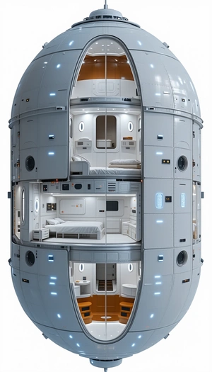 A Large White Spacecraft Is Shown In A Cross-section View, Revealing Its Interior Layout