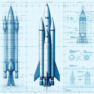 A Blue Rocket Ship Is Shown In A Drawing, With A Smaller Rocket Ship Next To It