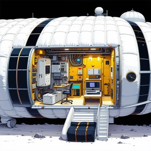 The Image Is A Cartoon Drawing Of A Space Station, Featuring A Large White Dome With A Yellow Door