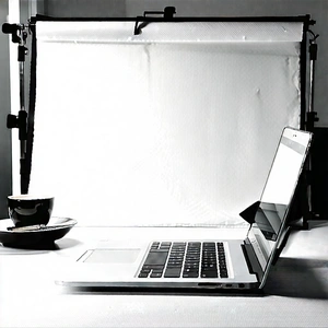 Business Etching: Workplace With Laptop And Coffee On Desk With Laptop Computer