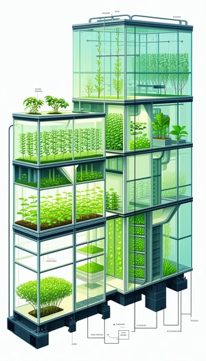 The Image Is A Drawing Of A Building With Many Levels, Each Containing A Variety Of Plants