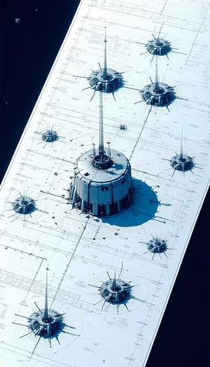 A Futuristic Space Station Is Depicted In A Blue And White Drawing