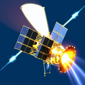 A Spacecraft Is Shown In A Blue Sky, With Its Solar Panels Open