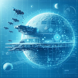 In This Futuristic Scene, A Large Space Station Is Surrounded By A Fleet Of Small Spaceships