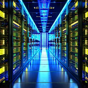 Server Rack With Blue Light Glow With Image, There