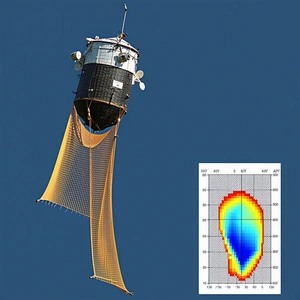 A Large Satellite Or Spacecraft Suspended In The Air, Possibly A Space Shuttle