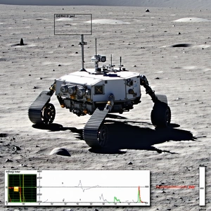 A Robotic Vehicle Is Sitting On A Rocky Surface, Possibly On The Moon