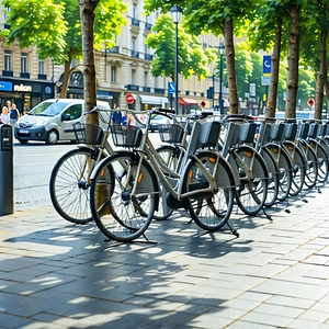Urban Digital Art: City Bicycle Sharing In Main Avenue With There Bicycles