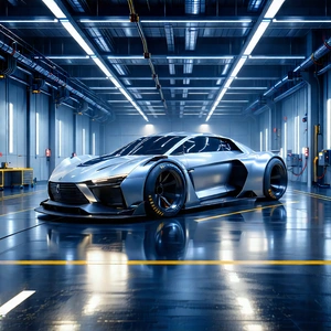 Tech Cinema 4d: Automotive Technology In Manufacturing Facility With Sleek Silver