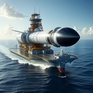A Large White Space Shuttle Is Floating On Top Of A Large Boat