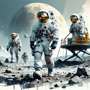 In The Image, There Are Three Astronauts Walking On A Rocky Surface, Possibly On The Moon