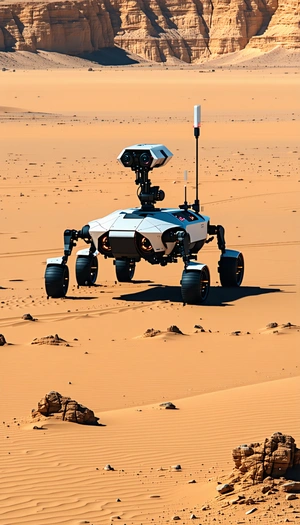 A White Robot Is Standing In A Desert, With A Red Antenna On Top
