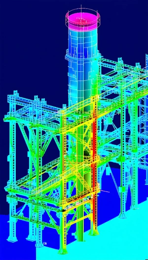 The Image Is A 3d Model Of A Large Industrial Structure, Likely A Power Plant Or A Factory