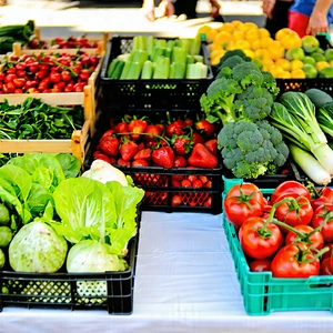 Urban Tilt-shift Photography: Urban Farmers Market Scene With Table Filled