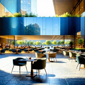 Urban Graphic Design: Public Square With Outdoor Dining With Large, Modern