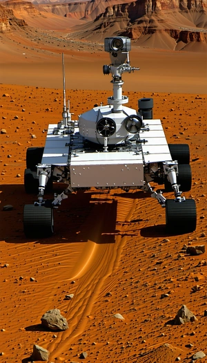 A White Rover Vehicle Driving On A Red Dirt Road