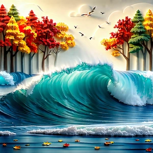 Nature Blender Artwork: Ocean Waves Surrounded By Autumn Trees With Large Wave