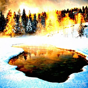 Nature Landscape Photography: Hot Spring Surrounded By (snow:1.48)-covered Trees With Beautiful Snow-covered