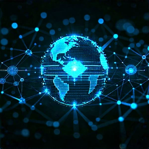 Blockchain Network Visualization With Blue, Glowing